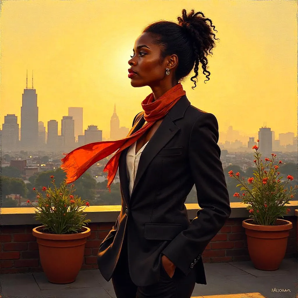 Confident Black Woman on Rooftop – Oil Painting