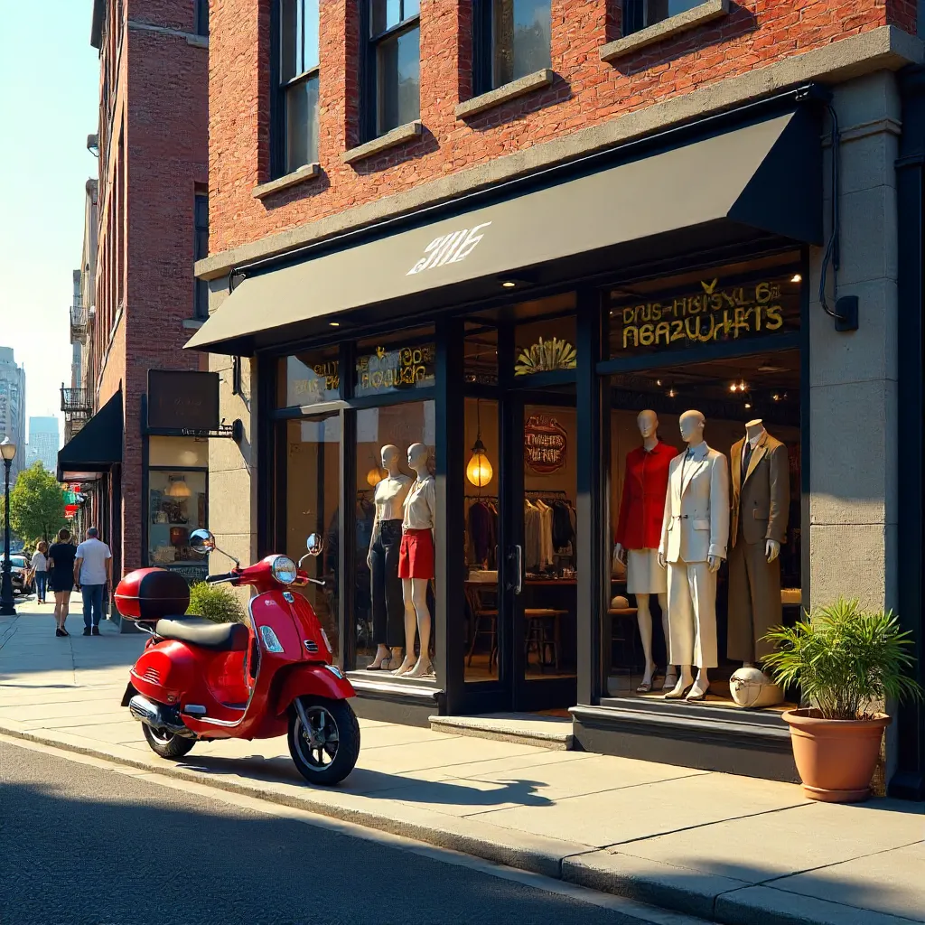 Sunny Day at Urban Fashion Boutique with Red Scooter