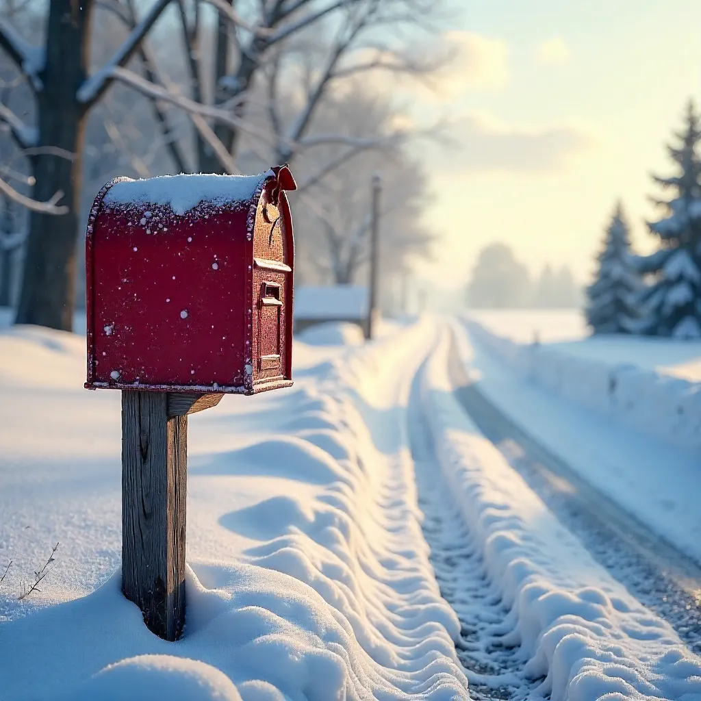 Serene Winter Scene: Frosted Mailbox in Quiet Snow