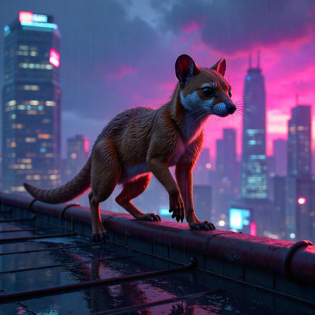 Mongoose on a Rooftop in Neon-Drenched Digital Art