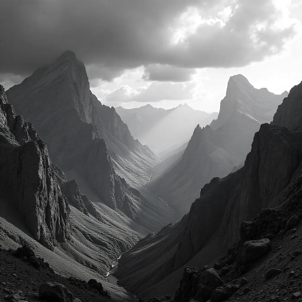Monochrome Mountains under Dramatic Clouds