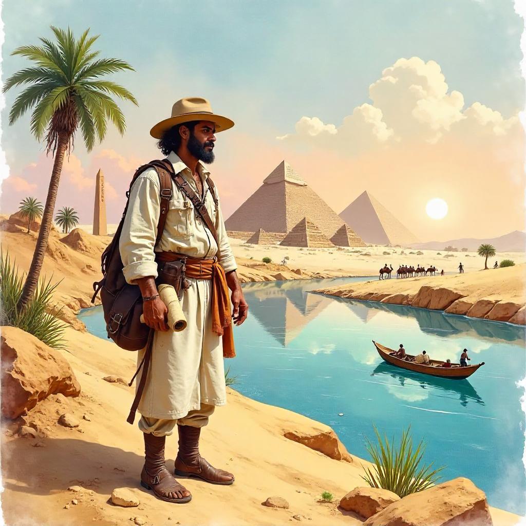 Watercolor Explorer Among the Pyramids of Ancient Egypt