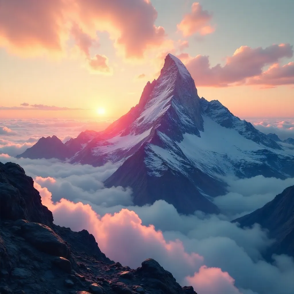 Sunrise Summit Amid Clouds: Serene Mountain Peak