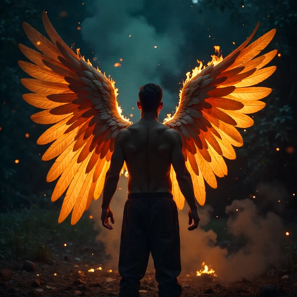 Back View of a Man with Flaming Angel Wings