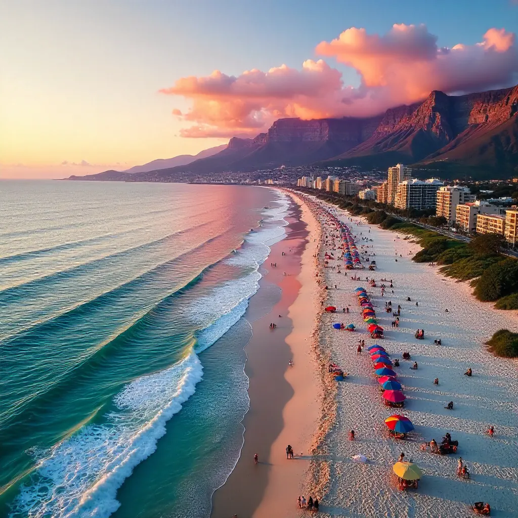 Aerial Sunset at Cape Town Beach with Table Mountain
