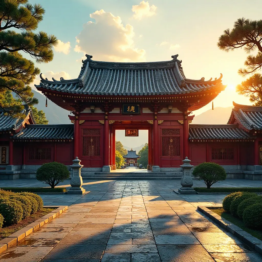 Sunlit East Asian Temple: Ornate Roof and Entrance