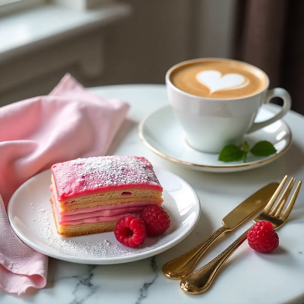 Delicate Pink Pastry and Frothy Latte on Marble Table