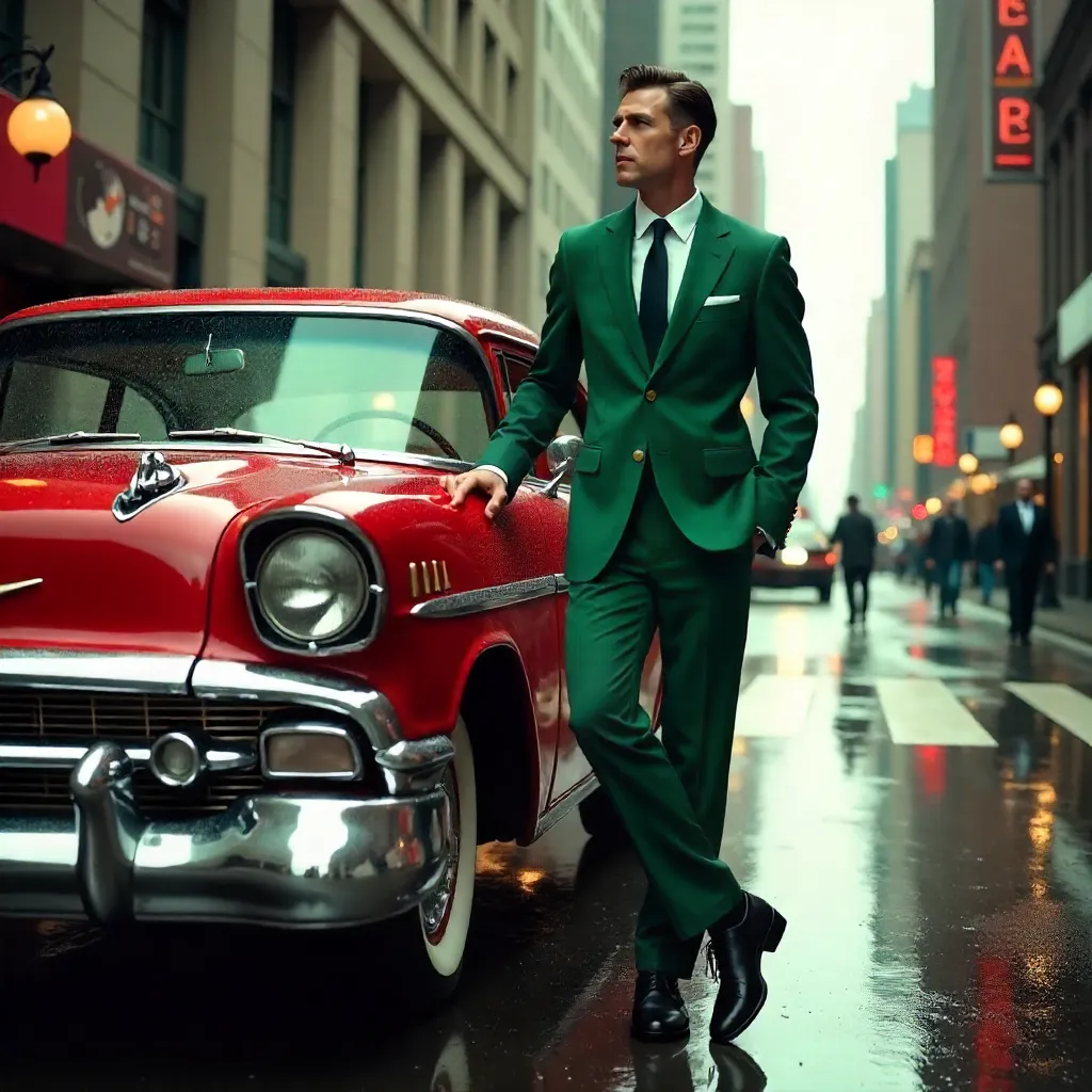 Emerald-Suited Man Leaning on a Red Classic Car in the City