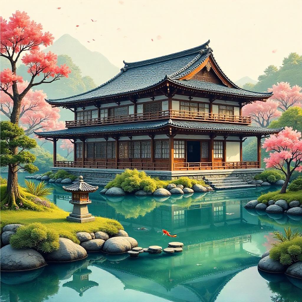 Feudal Japan Mansion in Watercolor Style