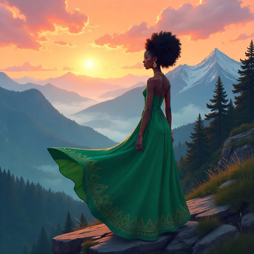 Elegant Black Girl in Anime-Mountain Vista