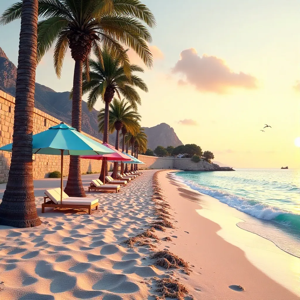 Serene Beachfront: Parasols, Palms, and the Historic Wall