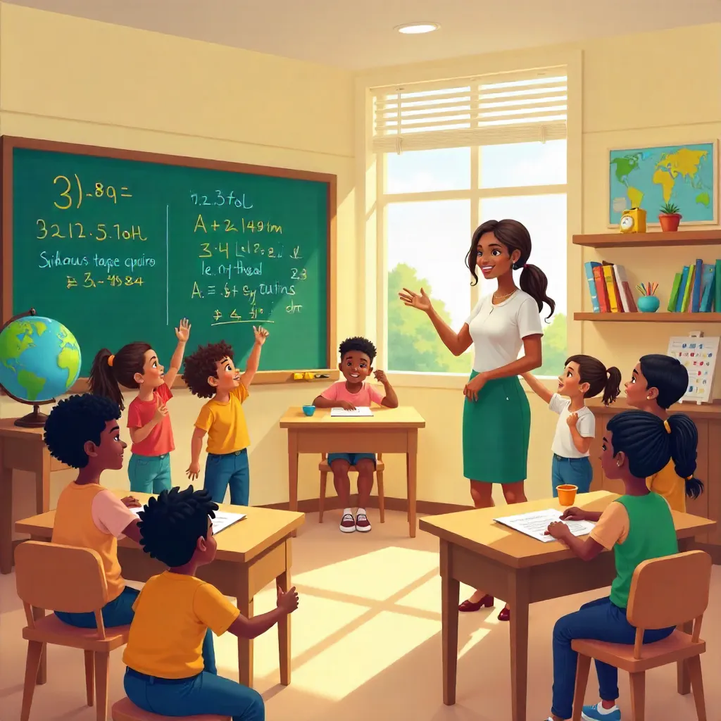 Teacher and Students in a Bright Classroom
