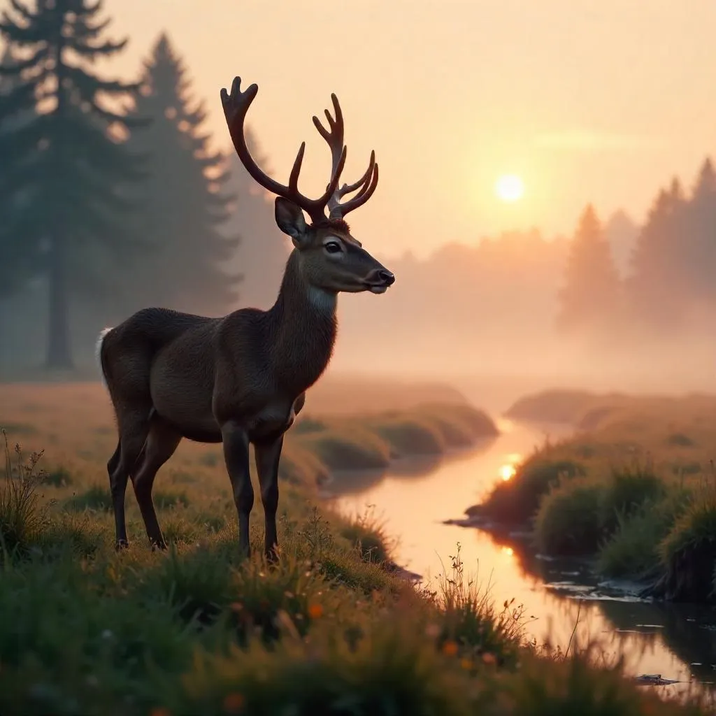 Dawn Deer in a Sunlit Meadow