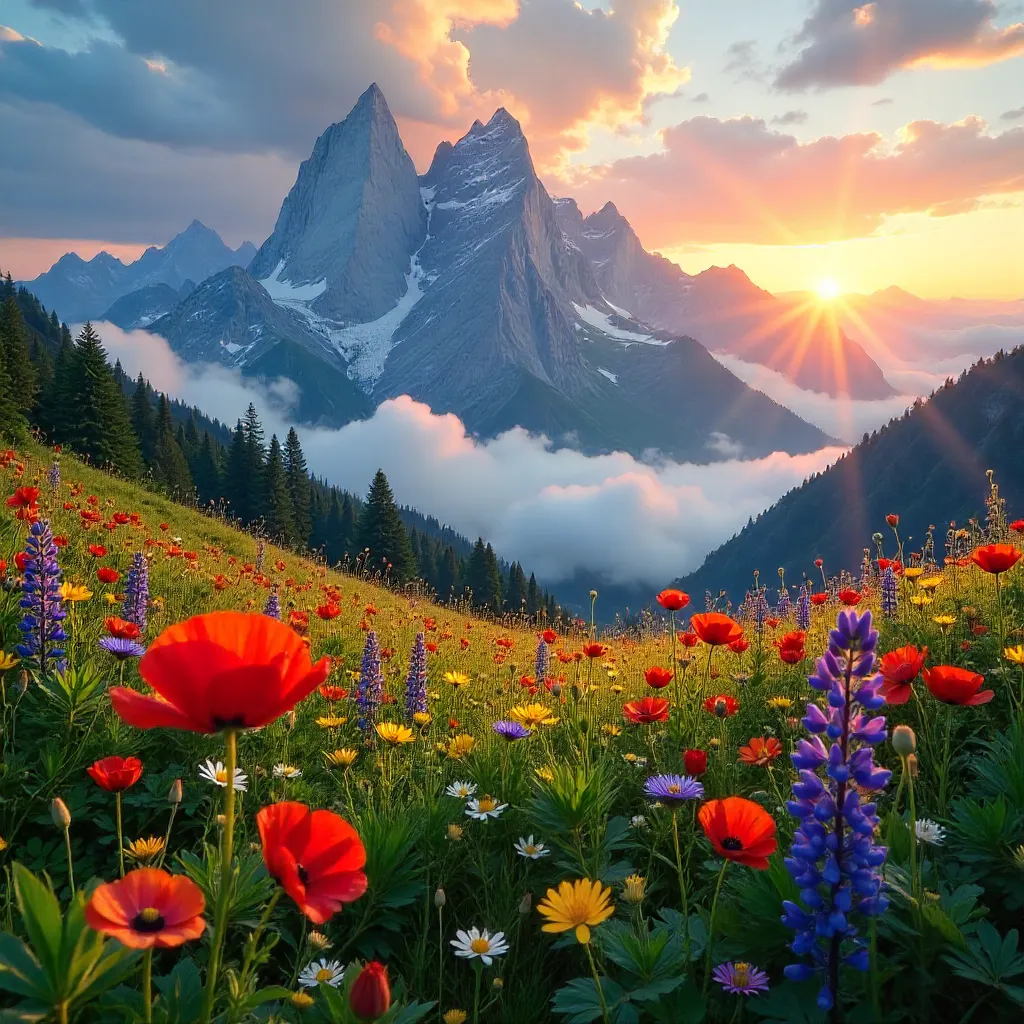 Sunrise Reverie: Mountains, Clouds, and Wildflowers