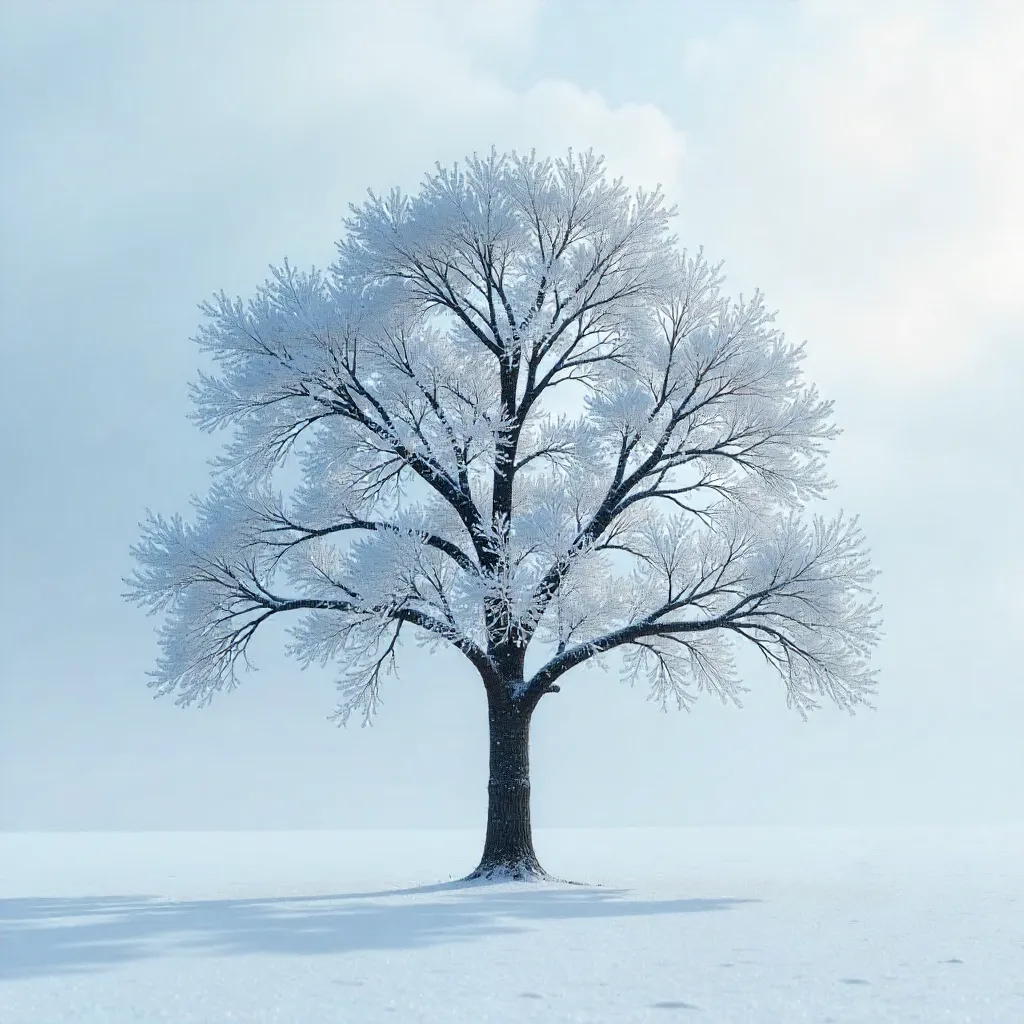 Lone Frosted Tree Against a White Winter Backdrop