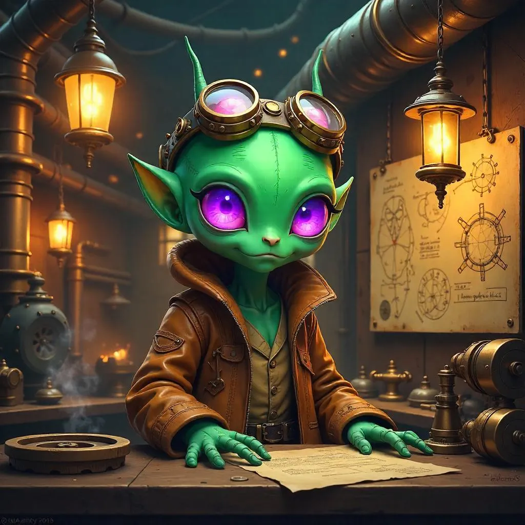 Alien in a Steampunk Workshop (Anime Style)
