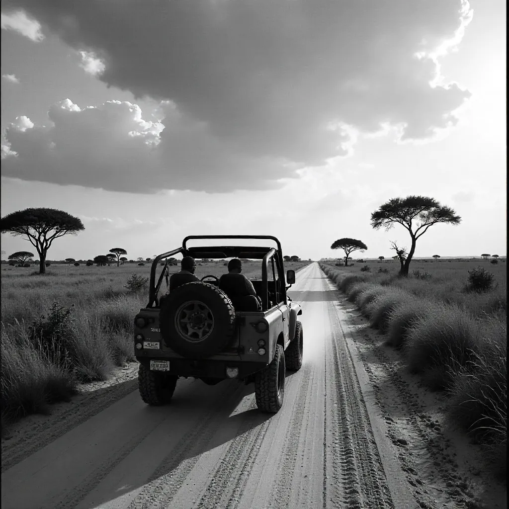 Monochrome Safari: Open Jeep on a Silent Road