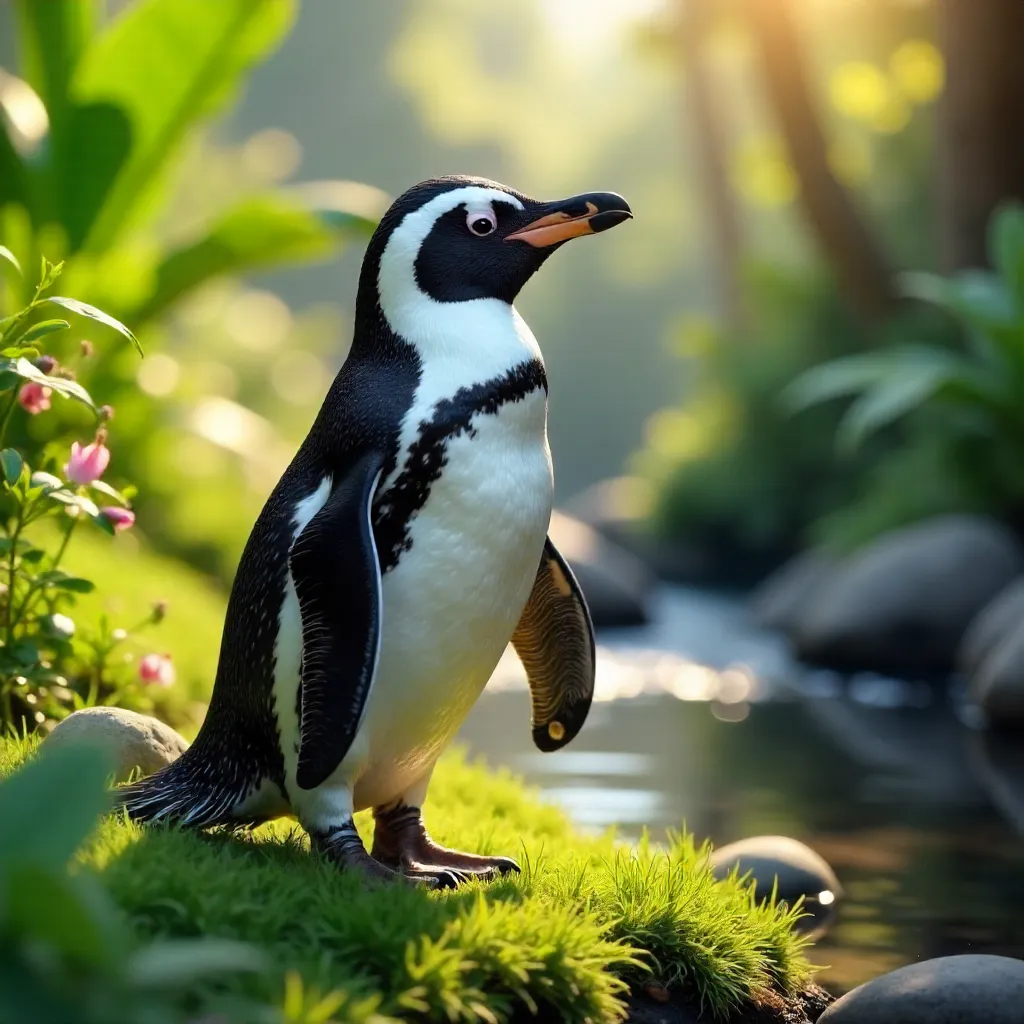 Sunny Day Humboldt Penguin in Lush Greenery