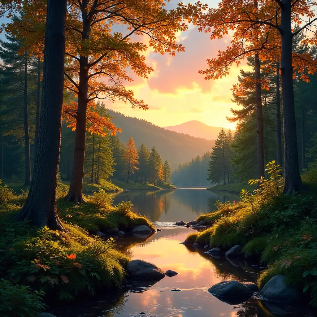Sunlit Quebec Forest at Serene Sunset