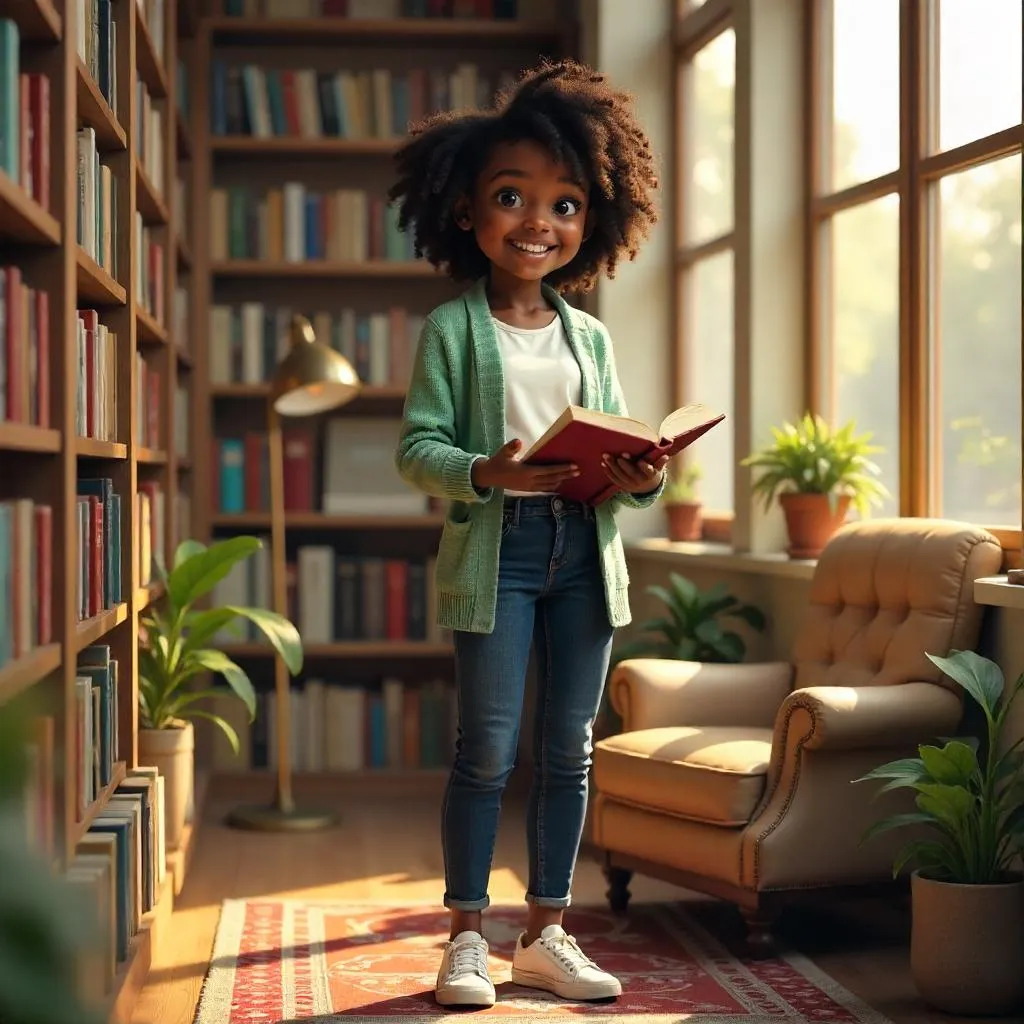 Cheerful Black Girl in a Cozy Bookstore