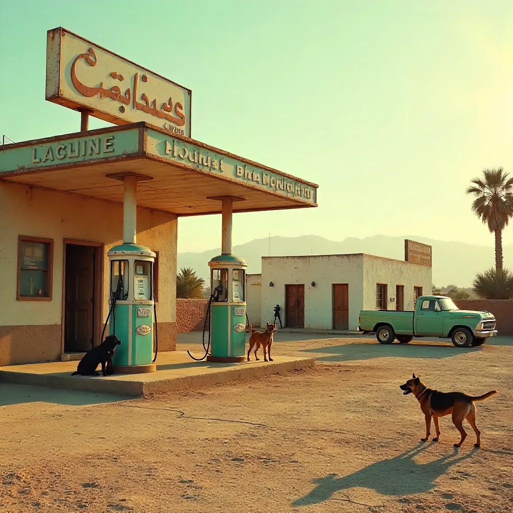 Vintage Gas Station Dogs in Ouarzazate