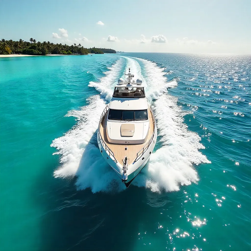 Aerial White Yacht over Turquoise Waters