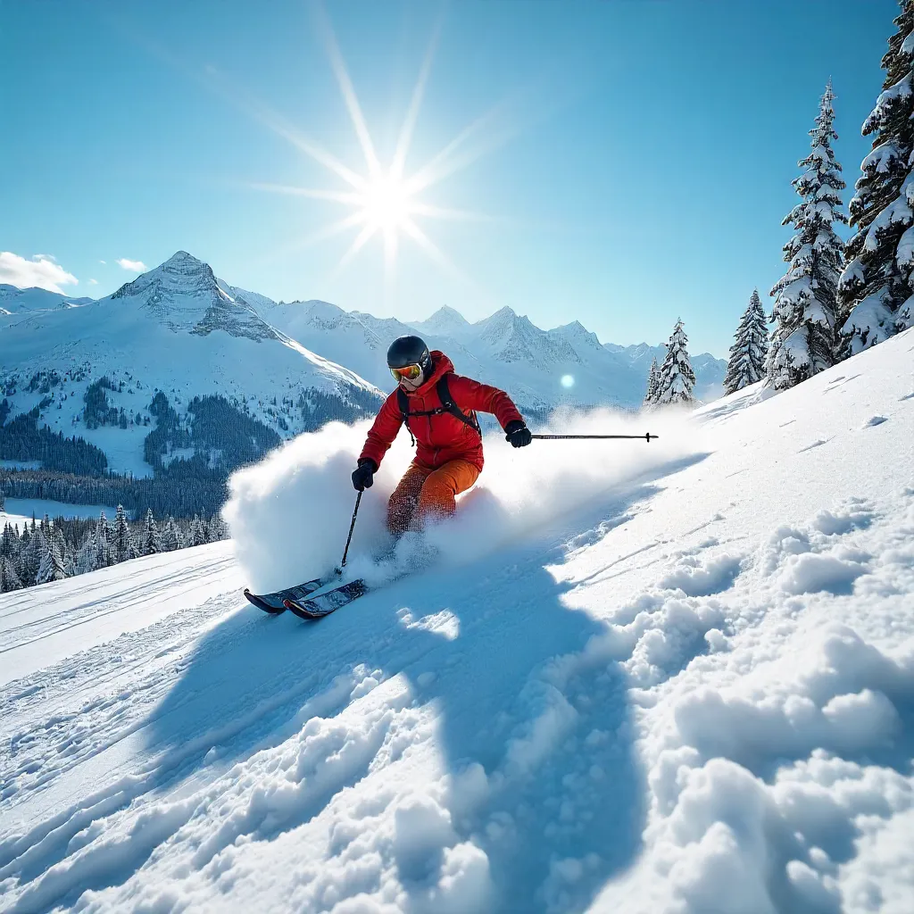 Skier carving down a sunlit alpine slope