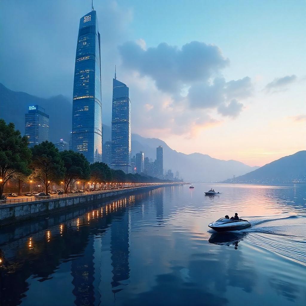 Lakeside City in Digital Dreamscape