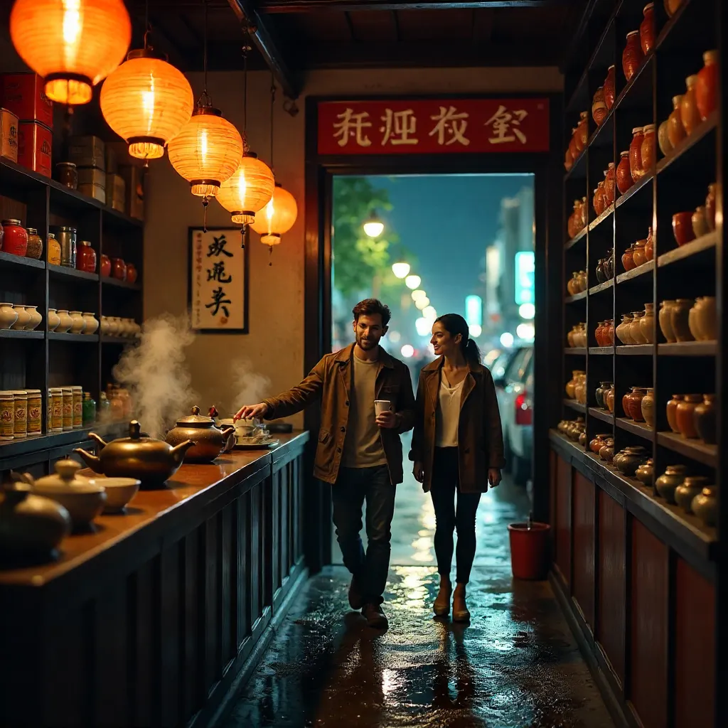 Two Travelers in a Lantern-Lit Asian Tea Shop