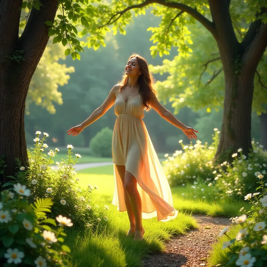 Sunlit Garden Embrace: Woman in Tranquil Nature