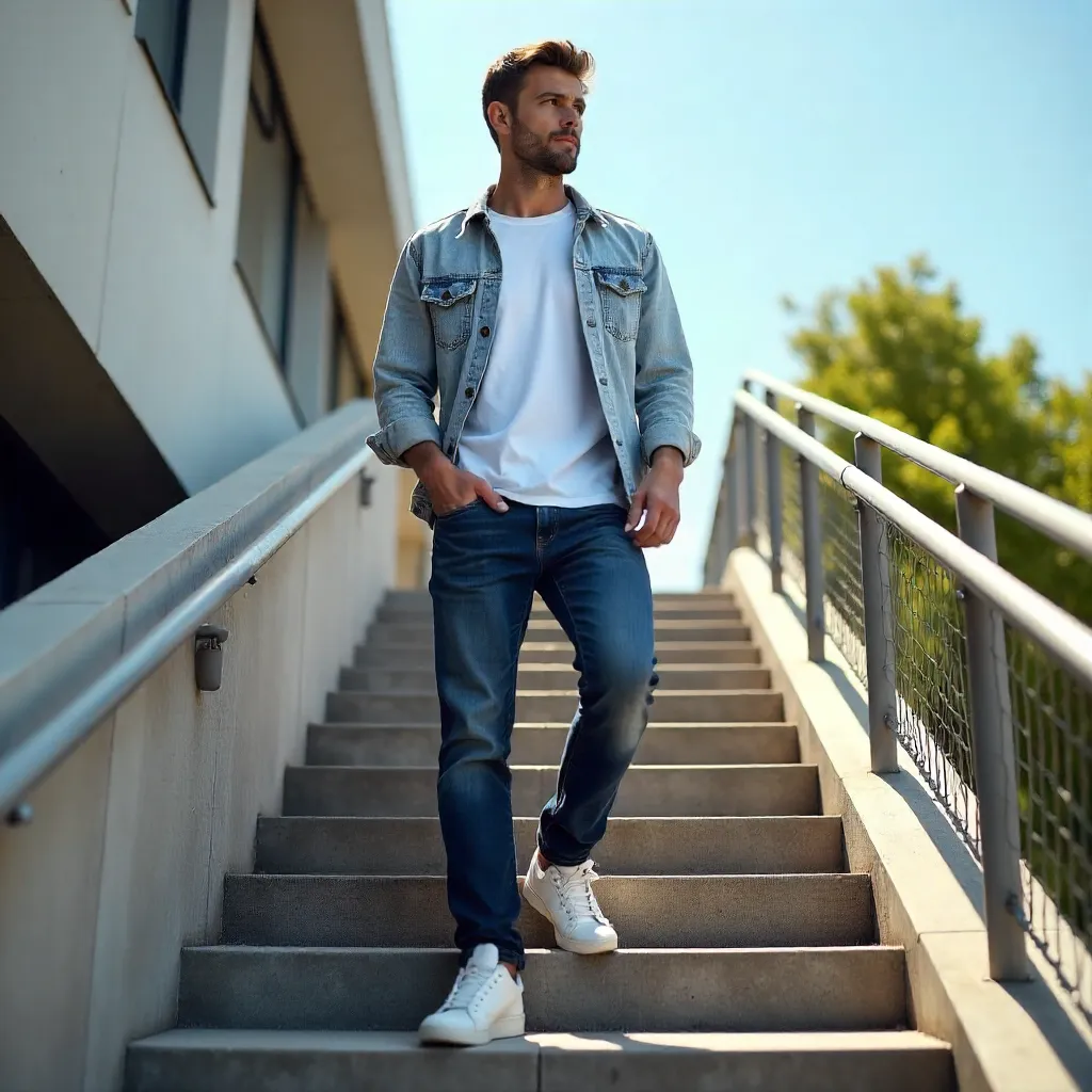 Casual Young Man on Outdoor Staircase in Daylight