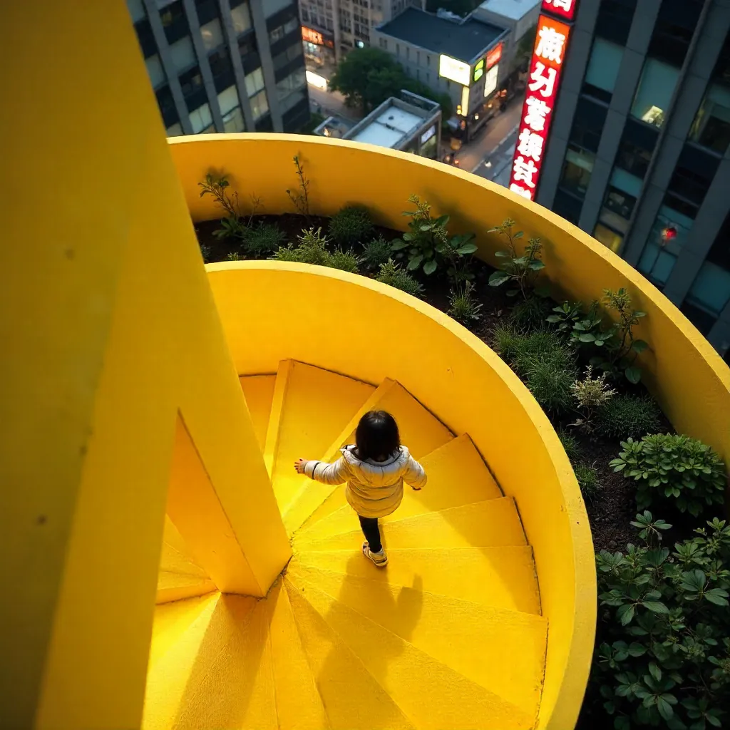 Aerial View: Child on Yellow Spiral Staircase in Tokyo