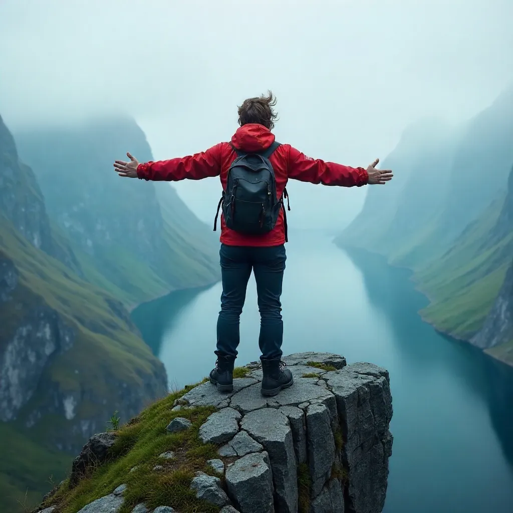 Open-Arms Pose on Trolltunga in Foggy Norway