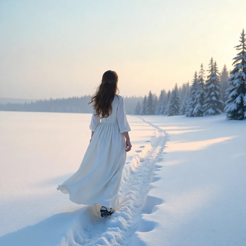 Serene Snow Walk in a White Dress