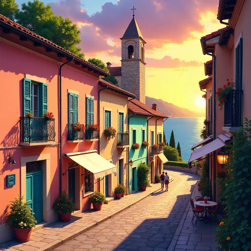 Sunset over Menton: Pastel Houses and Church