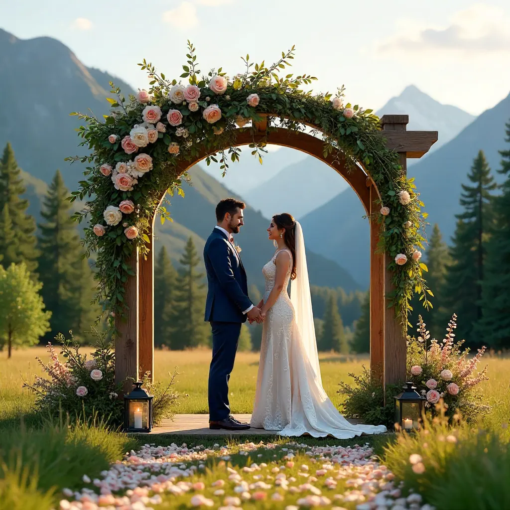 Couple Under Floral Gazebo at Mountain Wedding