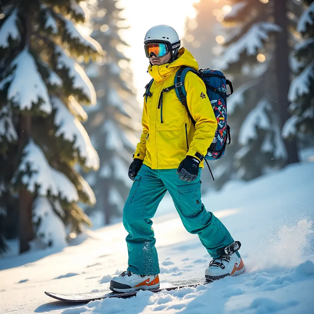 Bright Snowboarder Among Snowy Pines