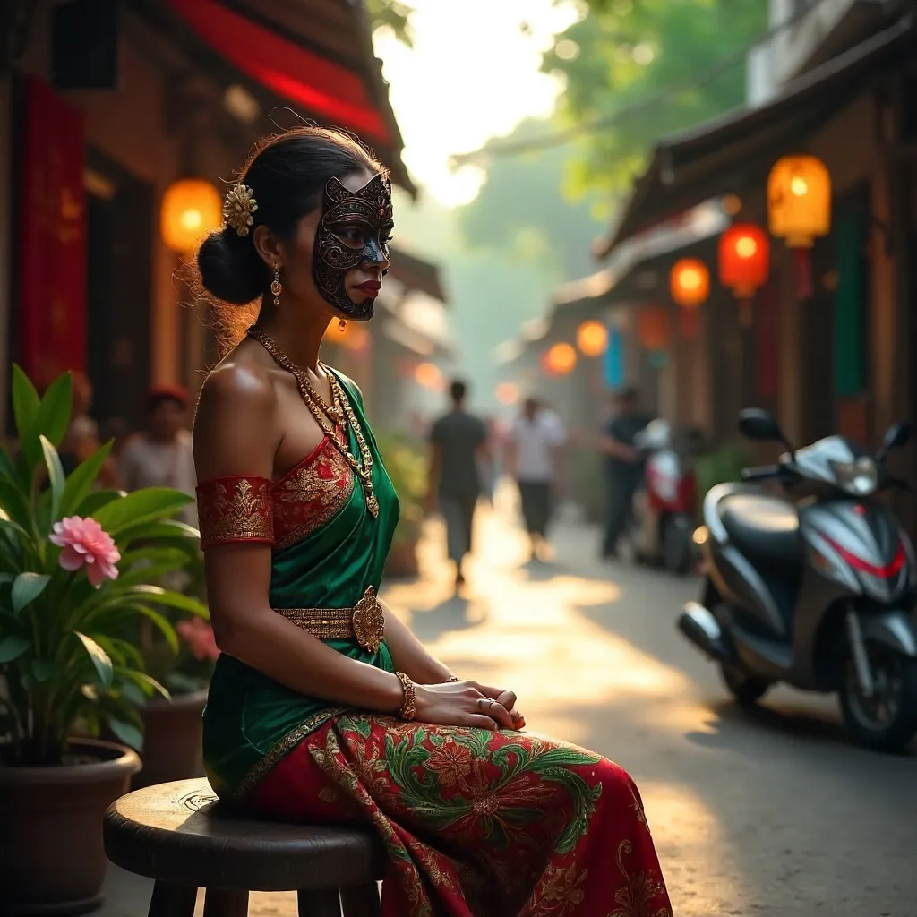 Masked Grace in a Vibrant Indonesian Street Market
