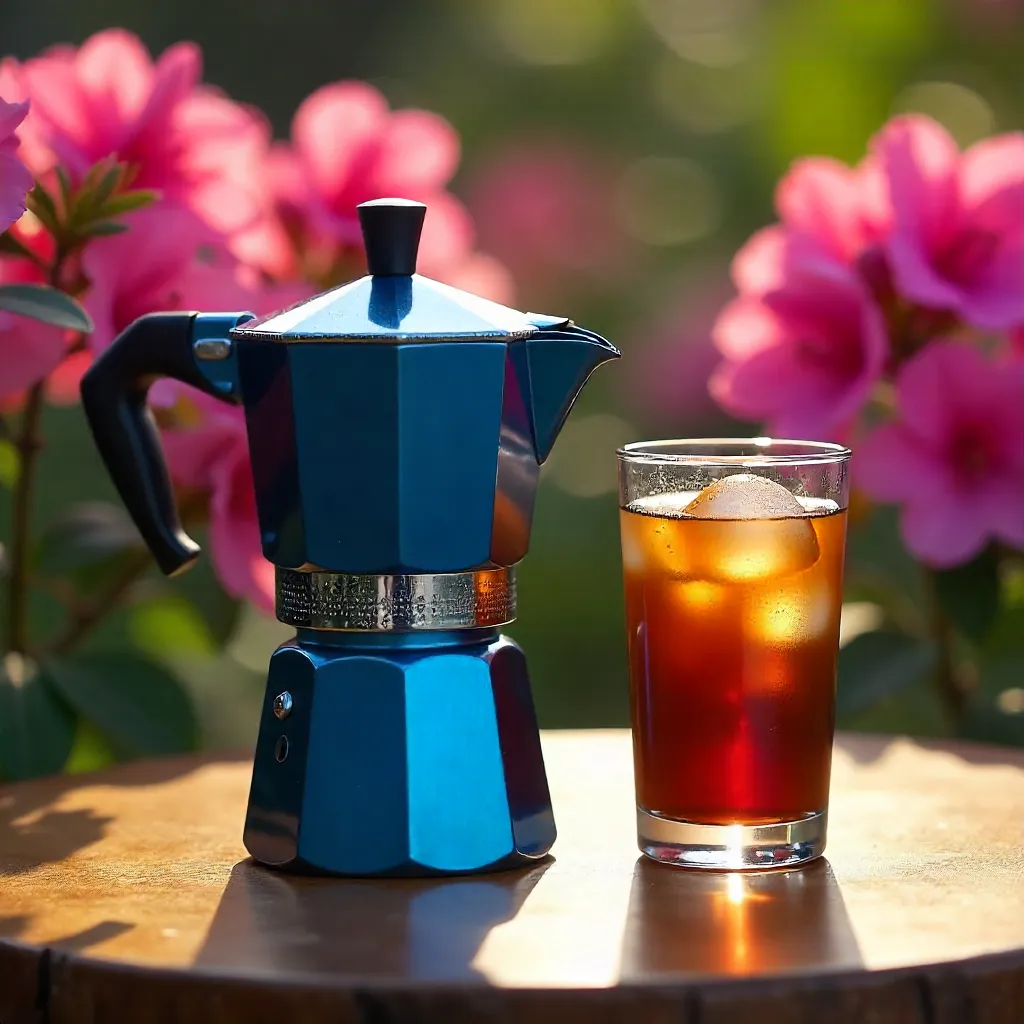 Elegant Blue Moka Pot With Iced Coffee And Azaleas In Sunlight