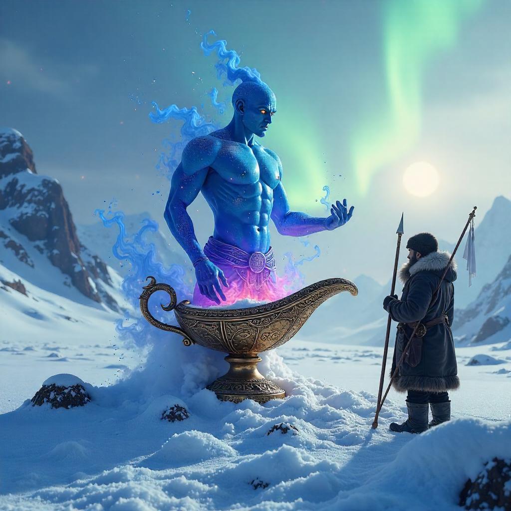 Genie Emerges from Ice in a Frostbound Tundra