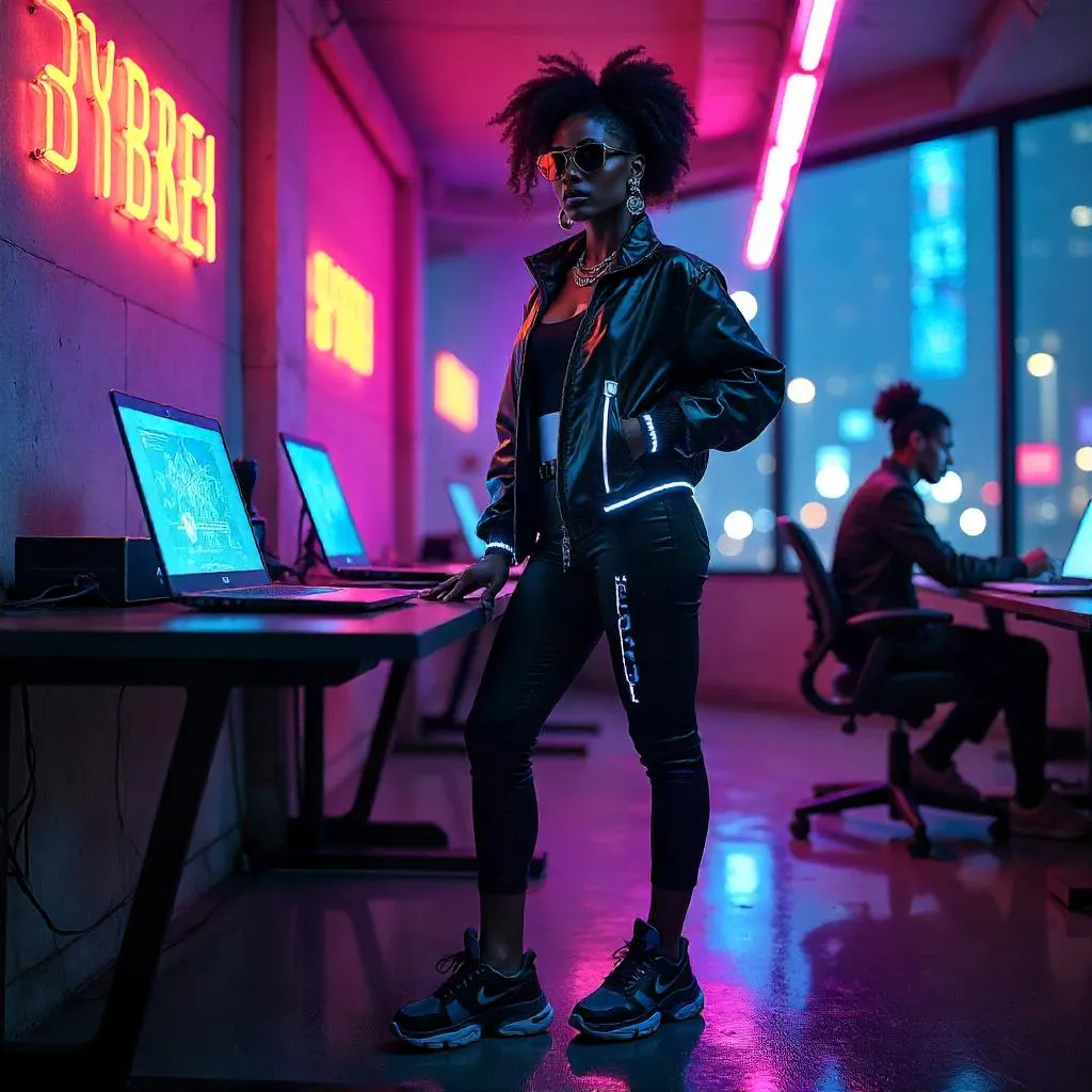 Neon Cyberpunk Coworking: Stylish Black Woman