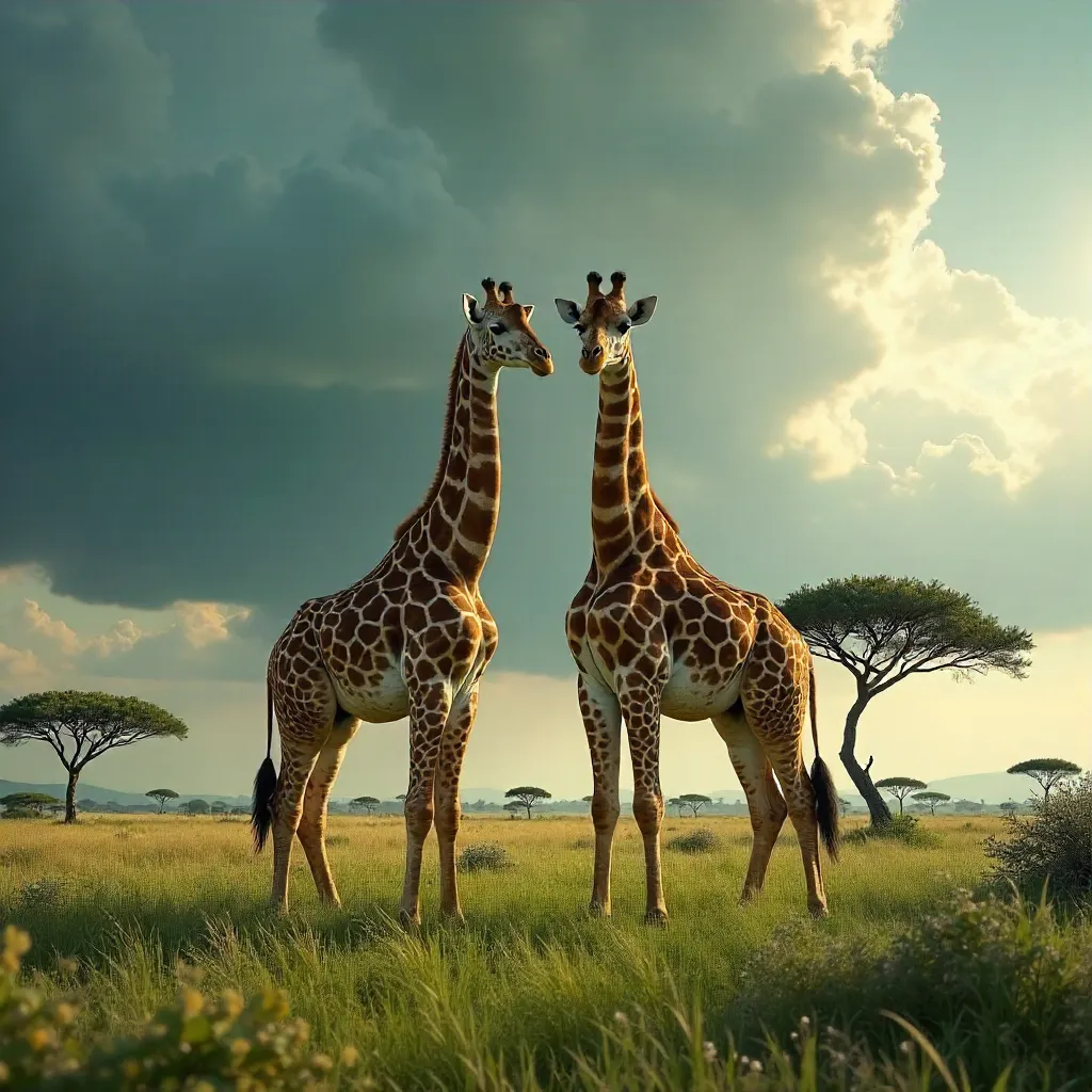 Two Giraffes Under a Dramatic Cloudy Sky