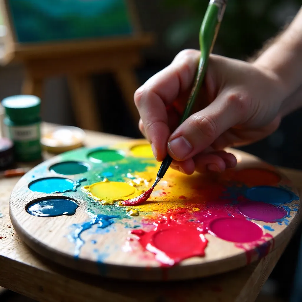 Vibrant Palette: Hand Mixing Paint Under Bright Light