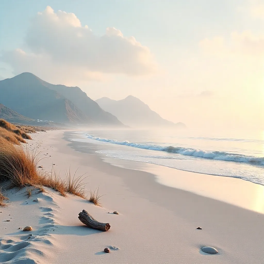 Mist-Kissed Coastline: Quiet Shore and Misty Peaks