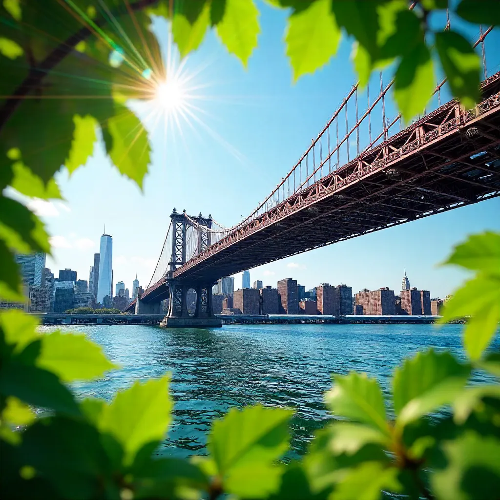 Sunlit Manhattan Bridge Framed by Green Leaves