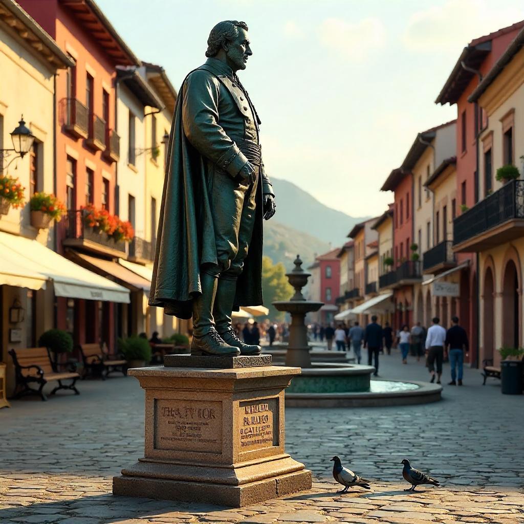 Bronze Statue in a Lively Town Square