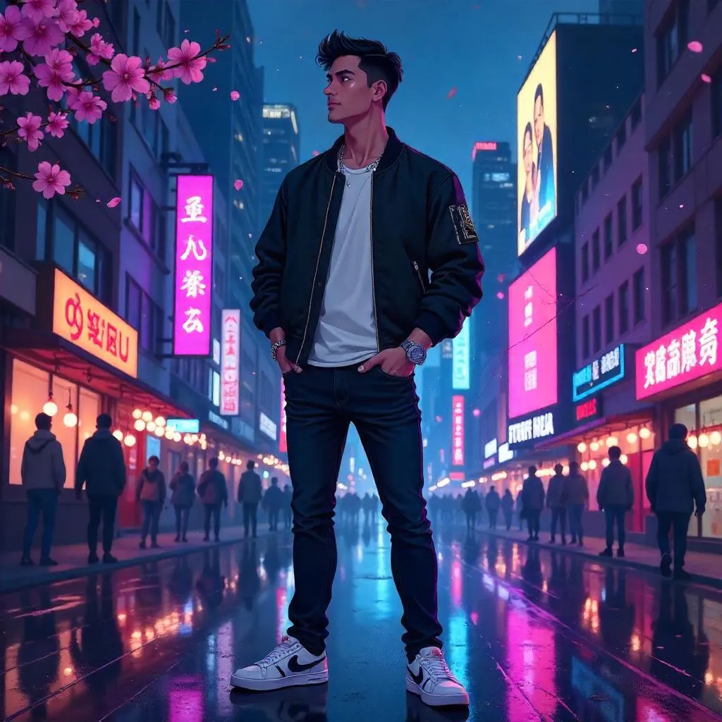 Confident Asian Man on Neon City Street - Anime Style