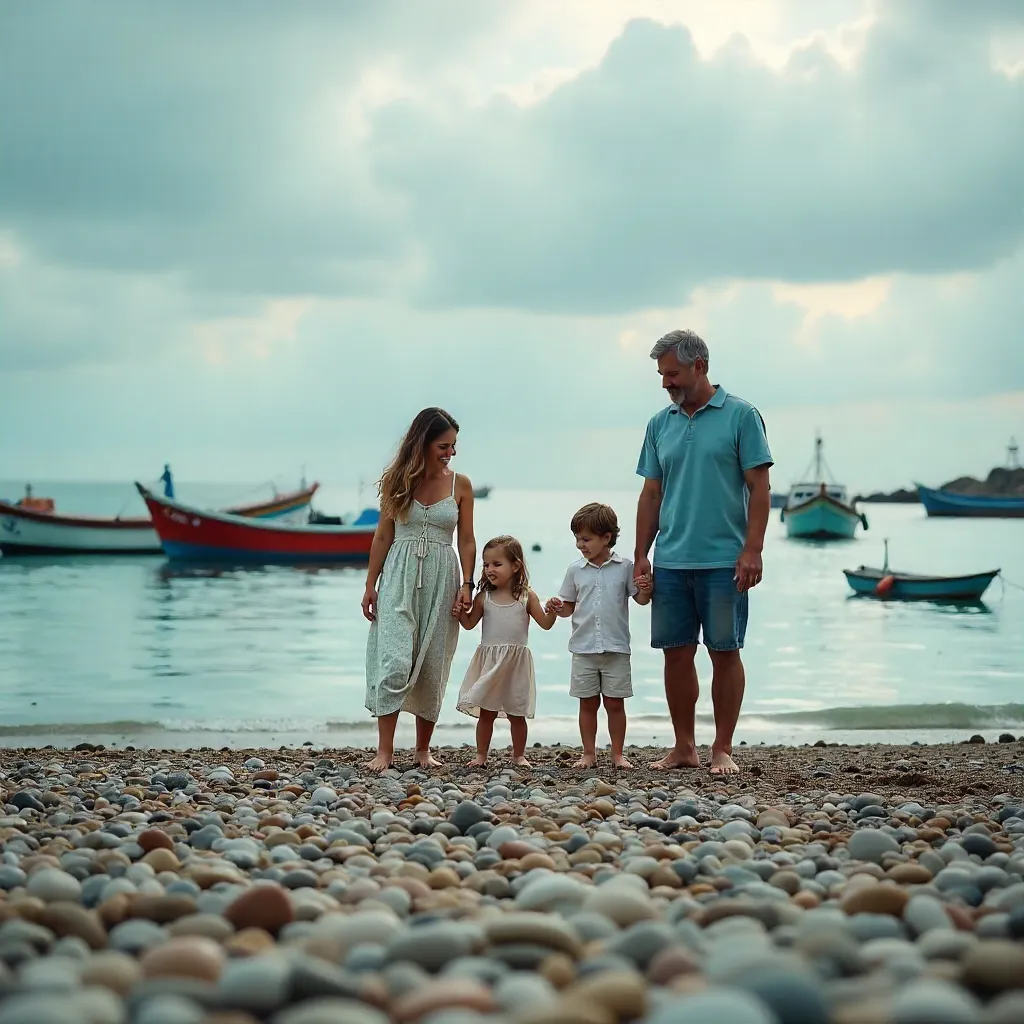 Family on a Pebbled Beach Under Cloudy Skies