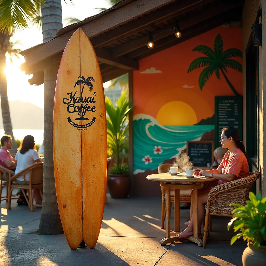 Kauai Coffee Surfboard at a Hawaiian Café