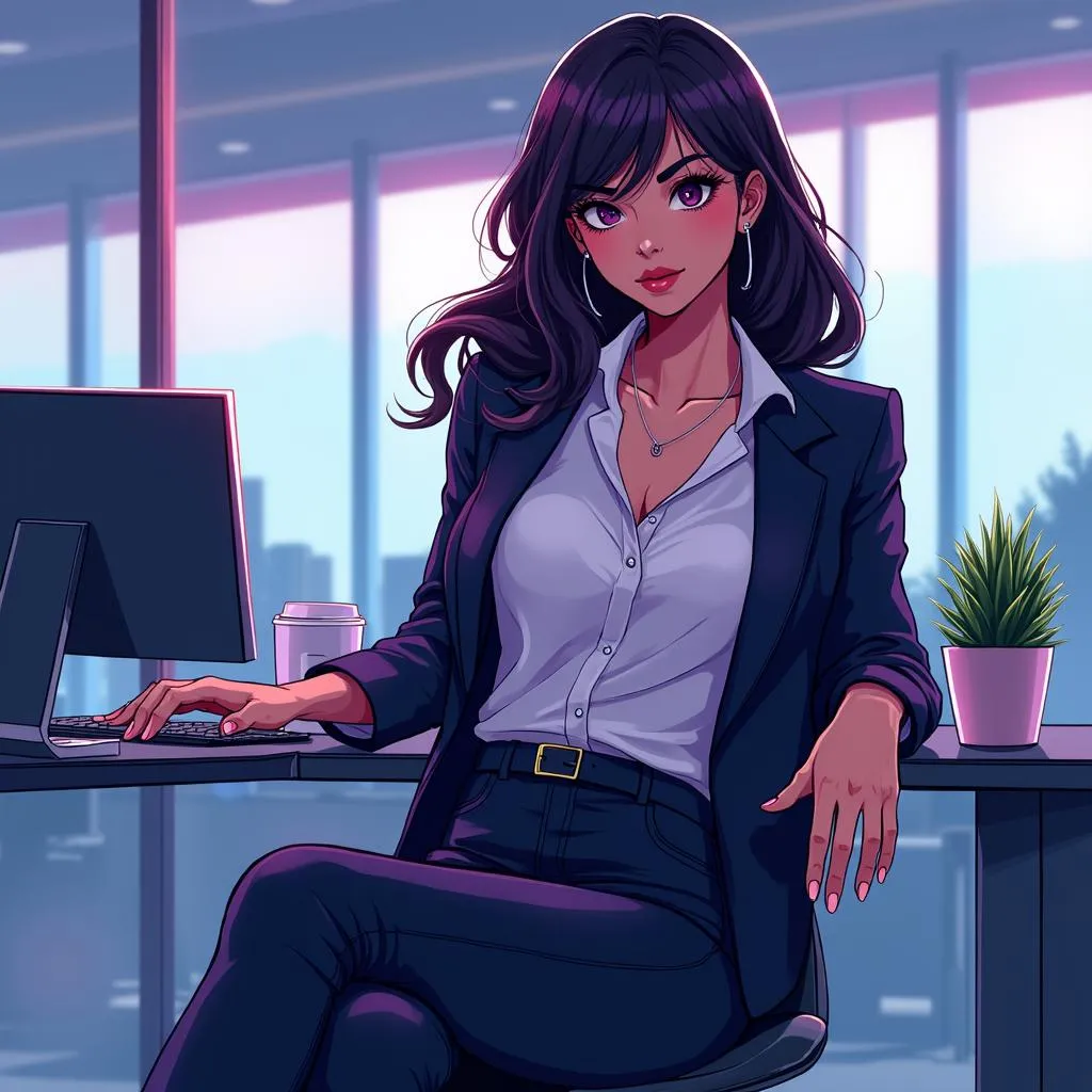 Stylish Latina Woman in Anime Office